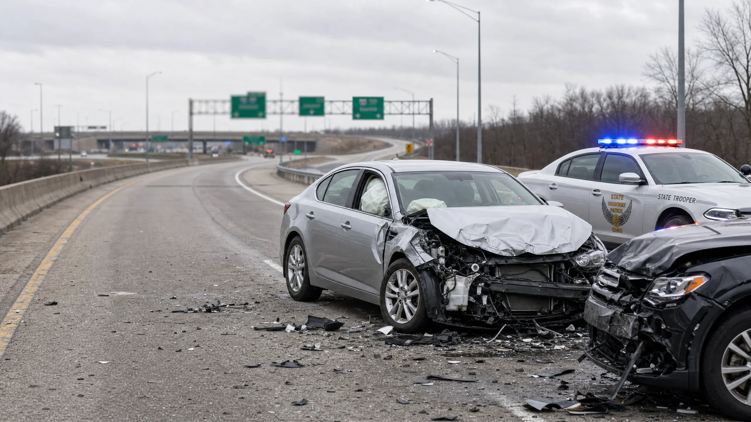 Ohio State Highway Patrol cruiser and two damaged vehicles on I-90/SR-2 split ramp with ODOT green overhead signs in background