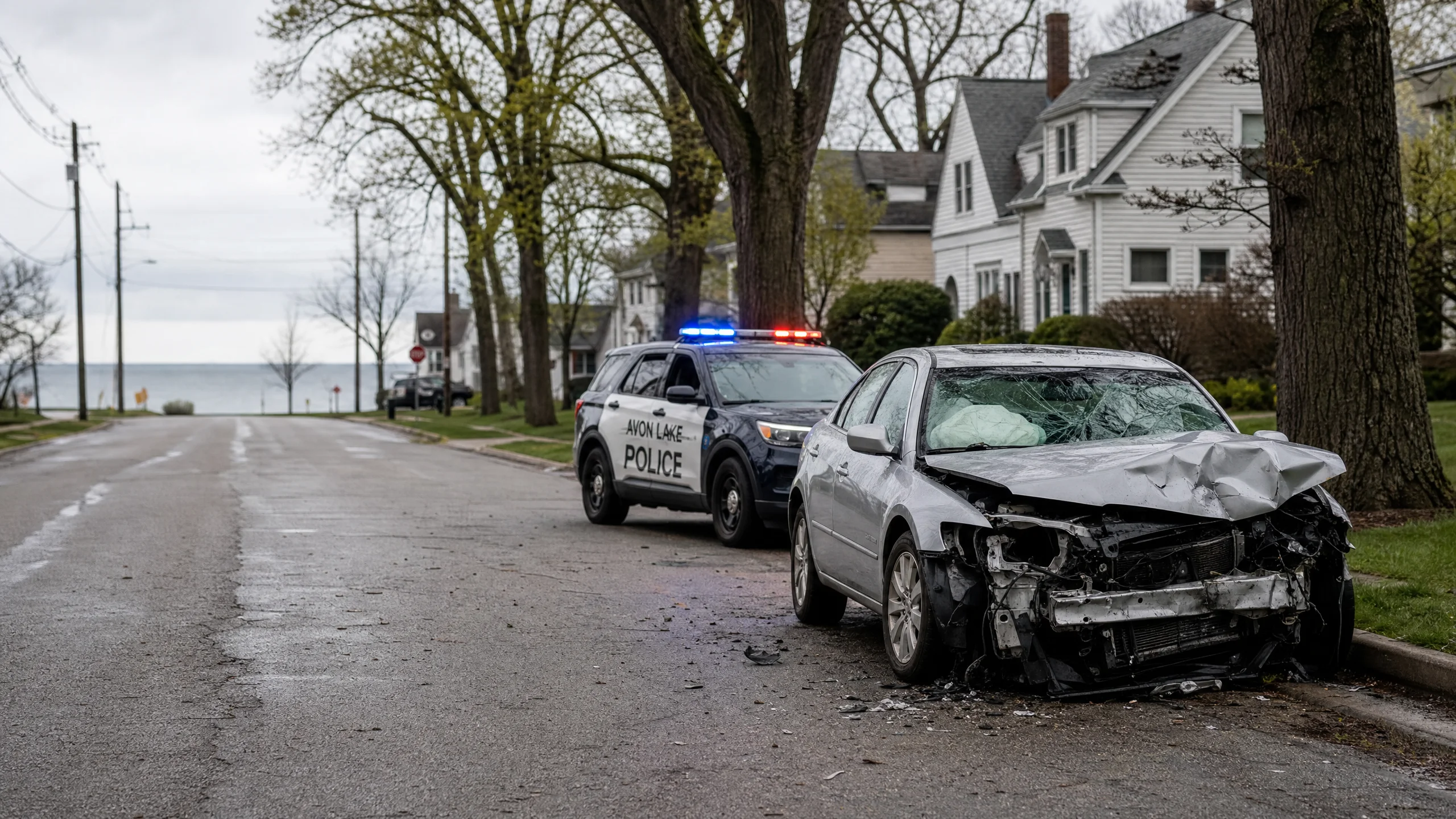 Avon Lake Police cruiser and damaged sedan on lakeshore residential street with Lake Erie visible