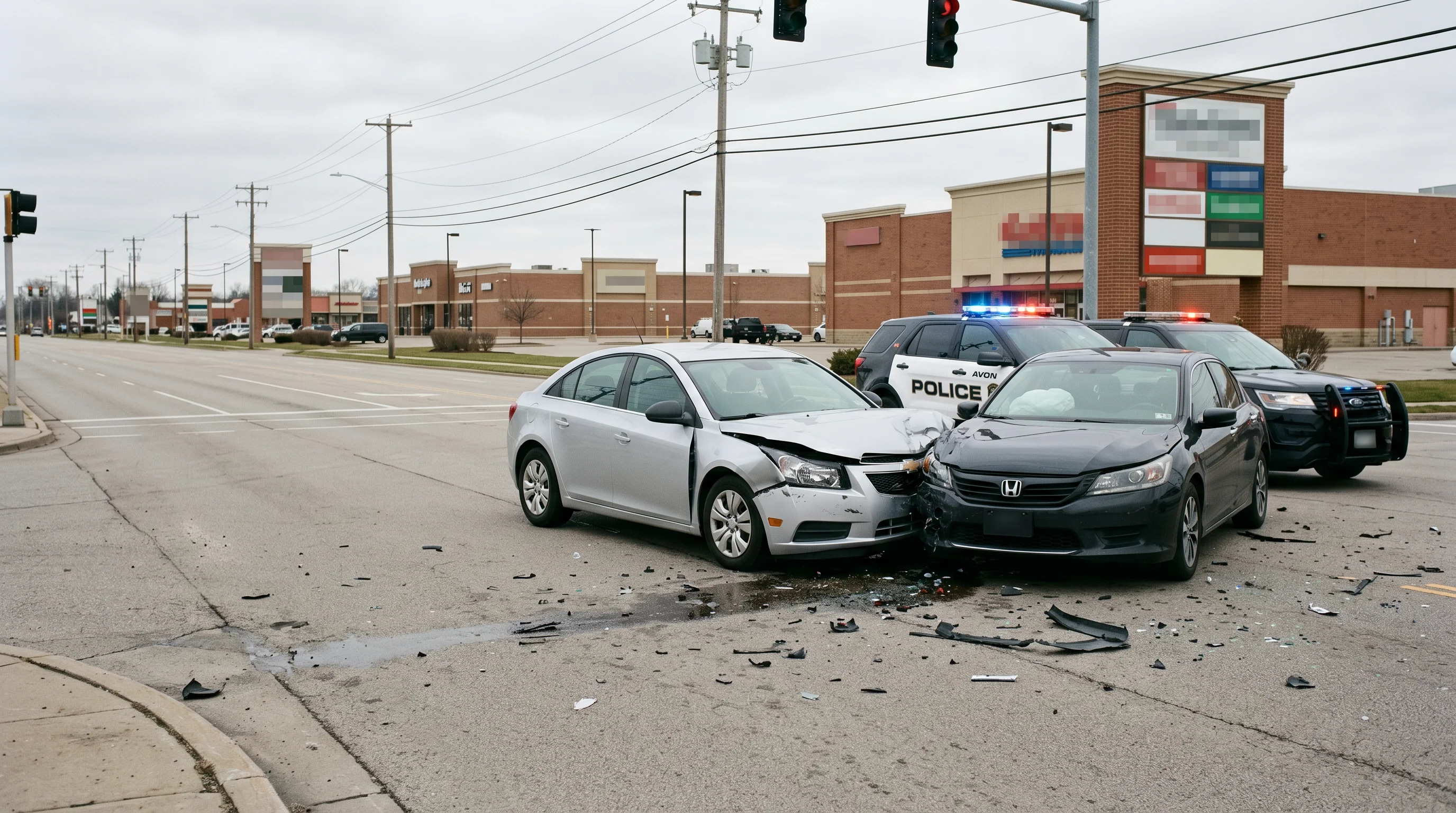 Two-vehicle collision aftermath on SR-83 Center Road corridor in Avon, Ohio with Avon Police Department cruiser on scene