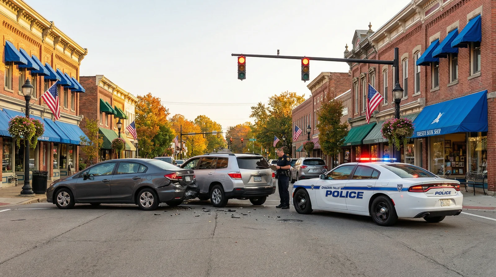 the Chagrin Falls waterfall and historic Main Street in Chagrin Falls, Ohio