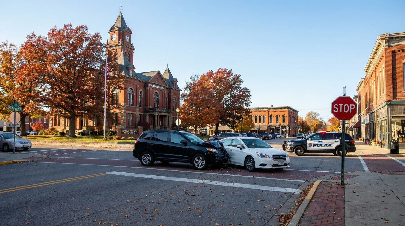 Medina Town Square and the historic courthouse in Medina, Ohio