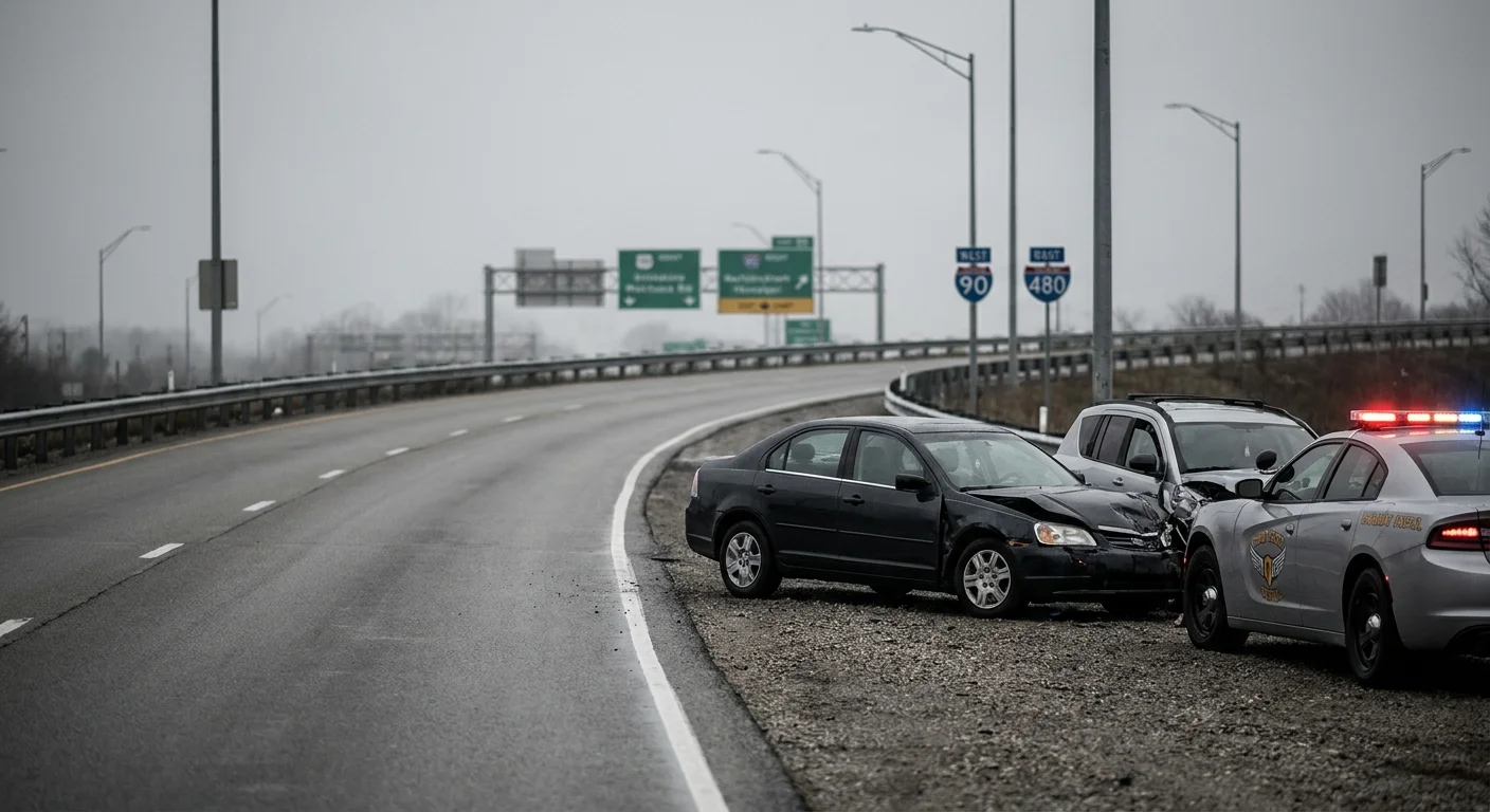 Two-vehicle collision on I-480 east terminus ramp with Ohio State Highway Patrol cruiser on scene