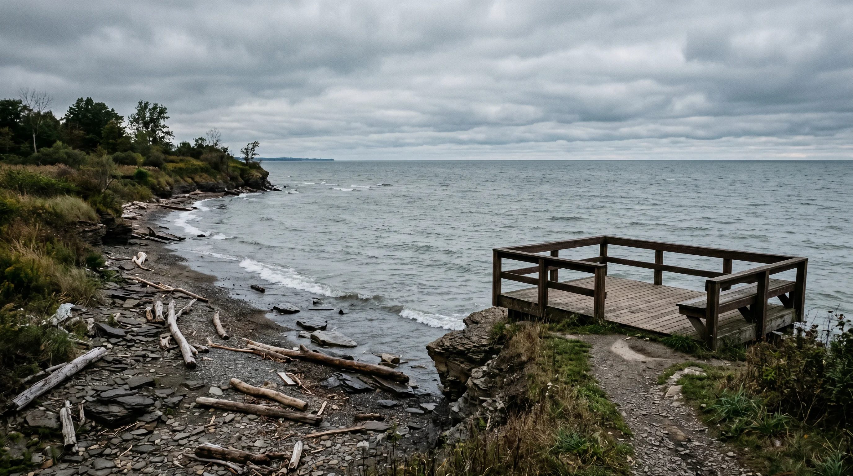 the Lake Erie shoreline at Shell Cove Park in Sheffield Lake, low shale bluff and observation deck above gray-blue open water, scattered driftwood on the shale beach below