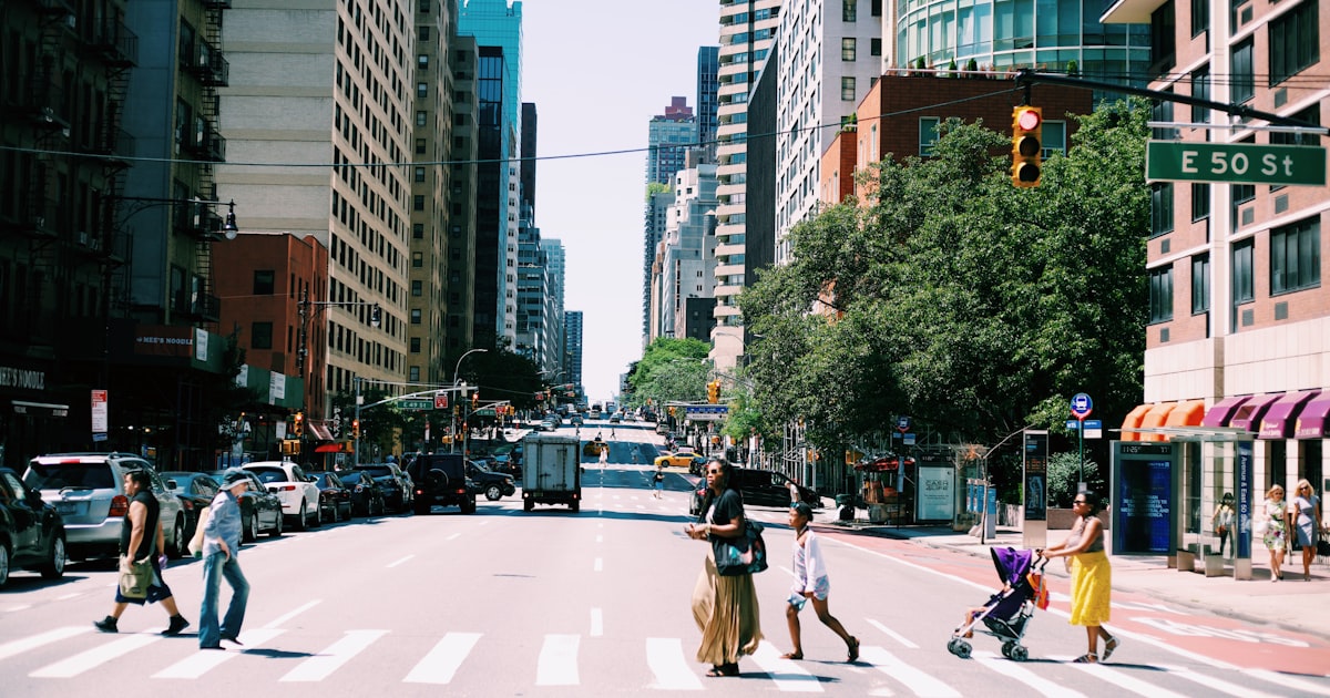 Cleveland-area city street with crosswalks and traffic signal