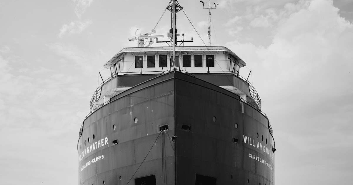 Boats moored at a Cleveland marina along Lake Erie